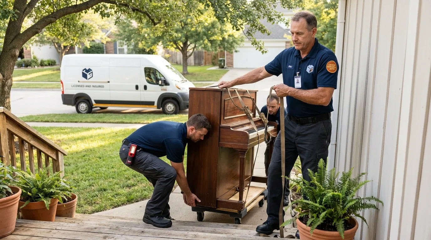 Licensed piano movers securing grand piano in Newark, DE